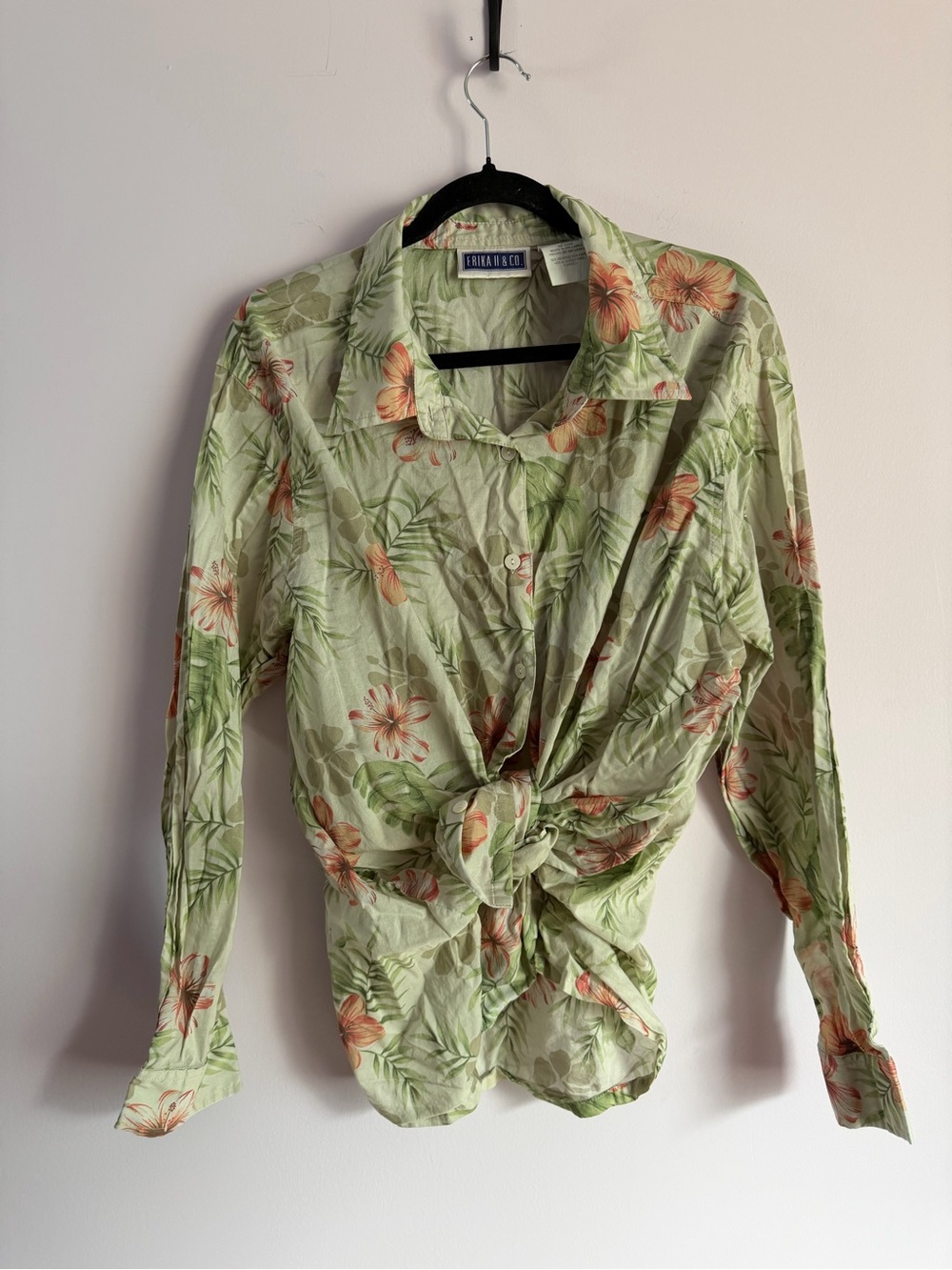 Vintage Erica II & Co Light Green Hawaiian Floral Cotton Button-Up Shirt 2X